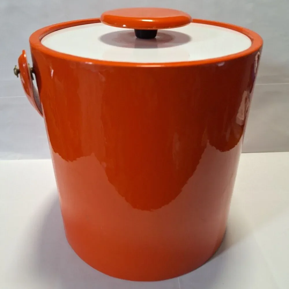 Retro Orange Mid Century Modern Ice Bucket Vinyl & White PVC Tonal Orange  Knob
